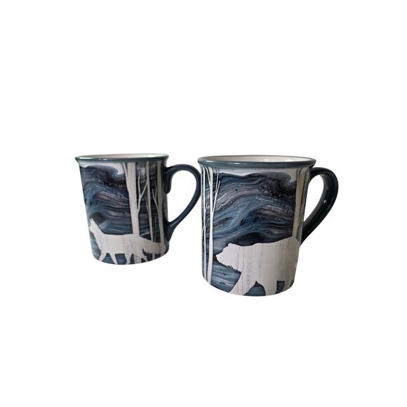 CERTIFIED INTERNATIONAL Blue Wolf Bear Forest Large Coffee Mugs Set of 2 - Picture 1 of 10